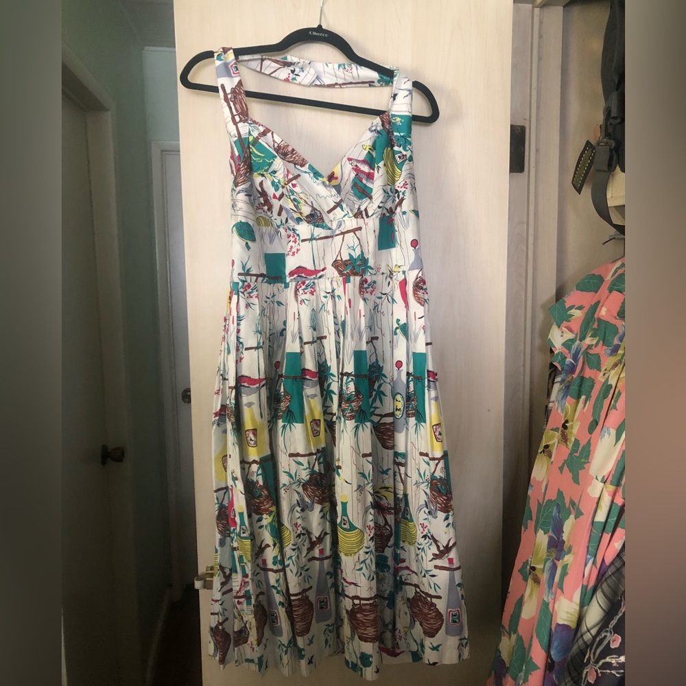 Retrospec’d Mid-century White bottles baskets print Halter Dress Lrg
